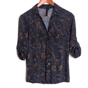 Cathy Navy Blue Paisley 3/4 Sleeve Button Front Top Size Small